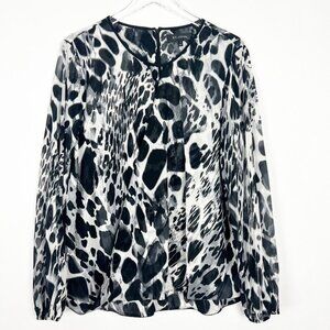 St. John Silk Blouse Women's Size 14 Black White Animal Print Flowy Draped